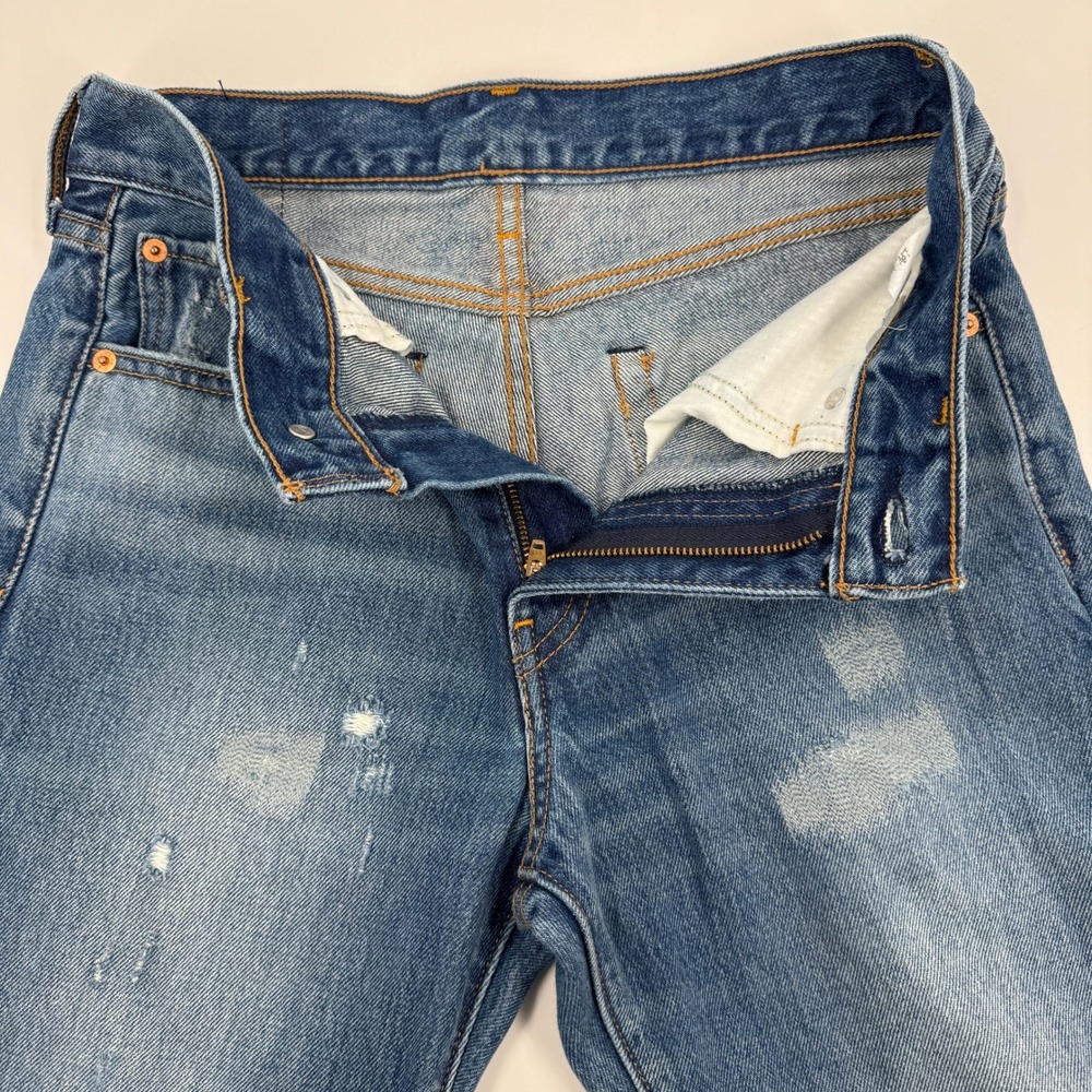 Levis 544 Straight Distressed Medium Wash Denim Jeans Raw Hem Size 27 Sample Tag - Picture 4 of 16